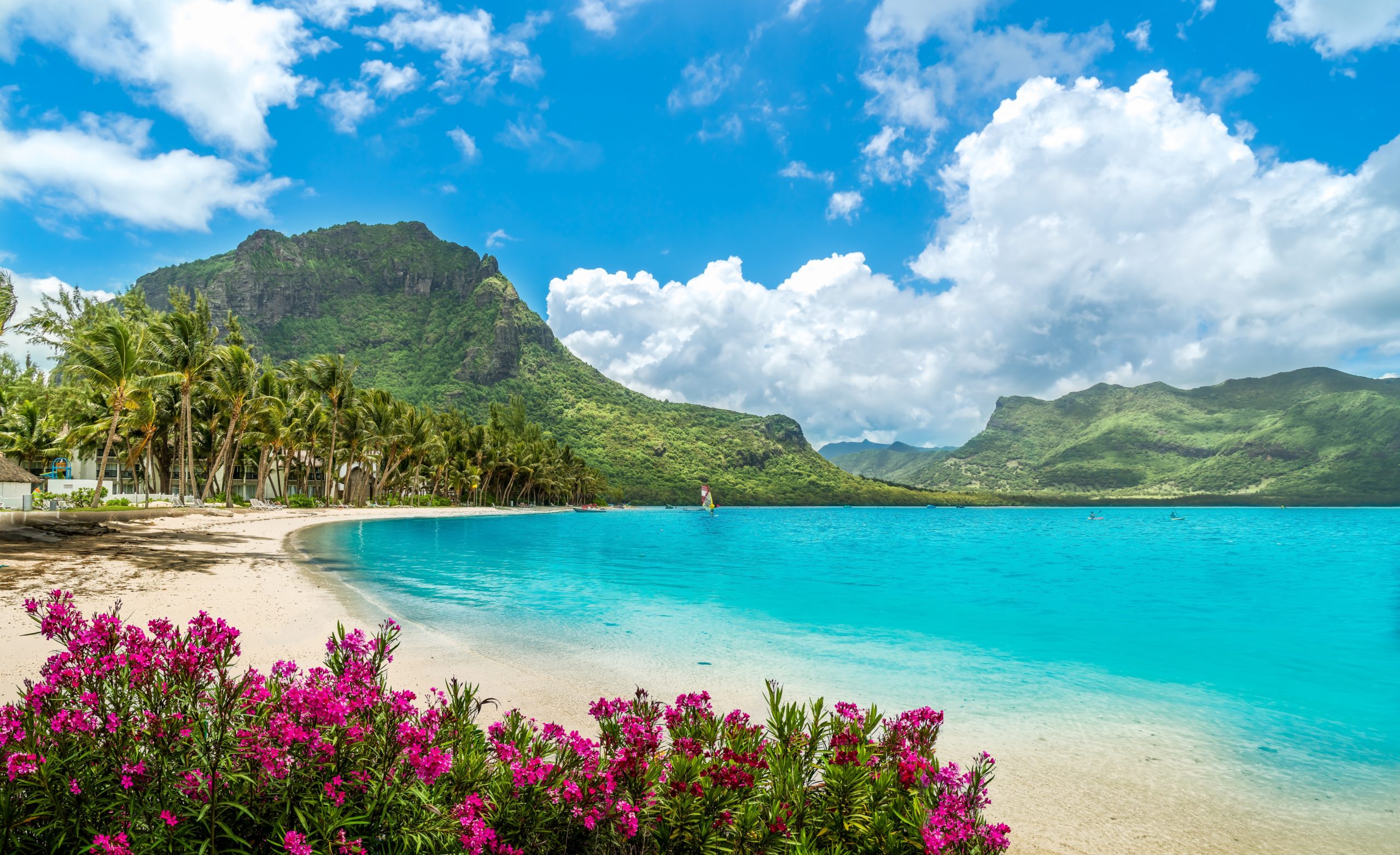 Lagon turquoise et plage de sable blanc de l'île Maurice bordée de filaos