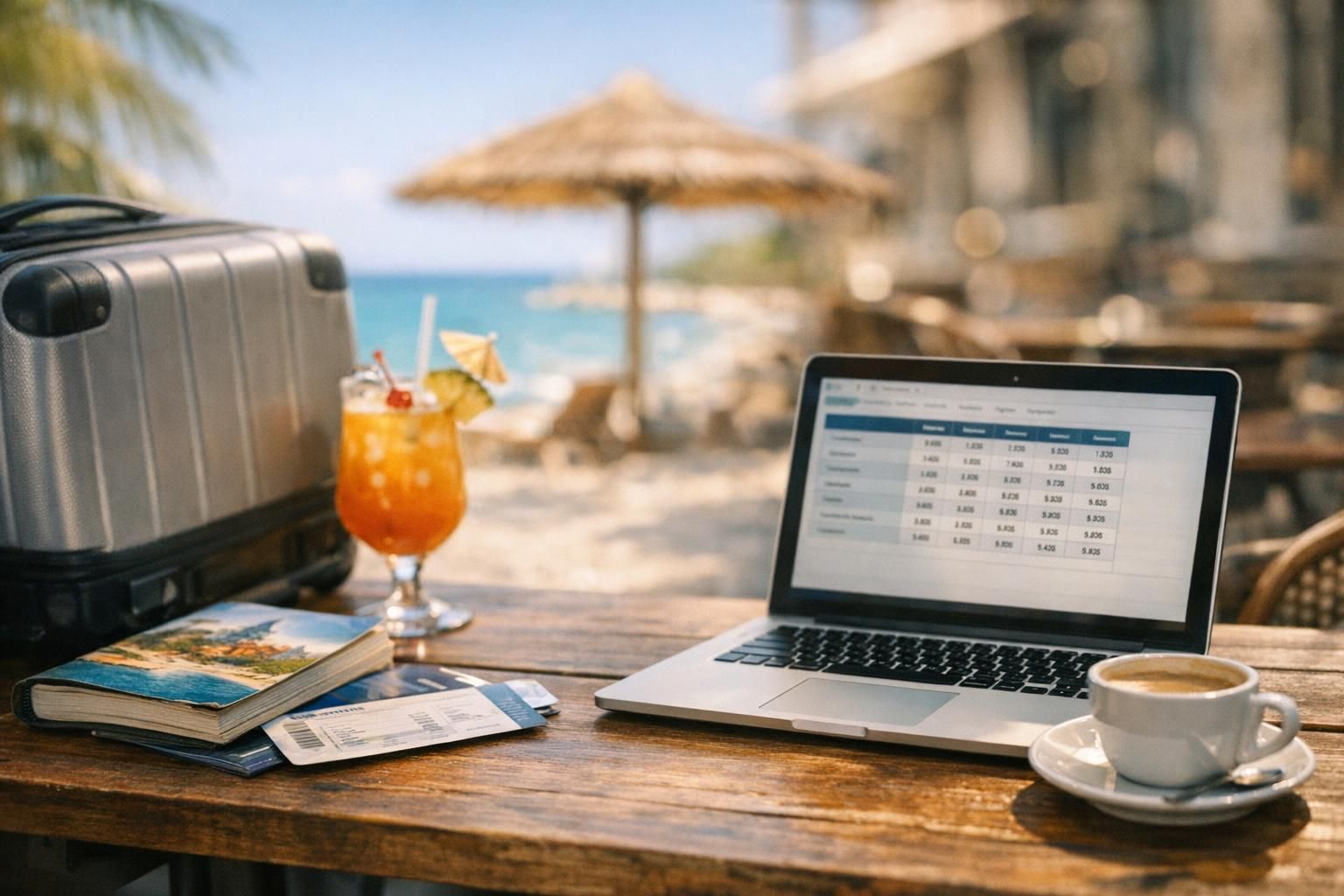 Valise ouverte et chapeau de paille préparés pour les vacances été près d'une plage méditerranéenne